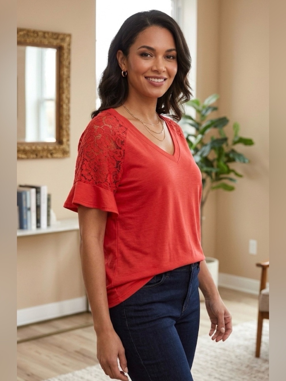 Notations Red V-Neck Lace Sleeve Short Sleeve Top - Sz X-Large